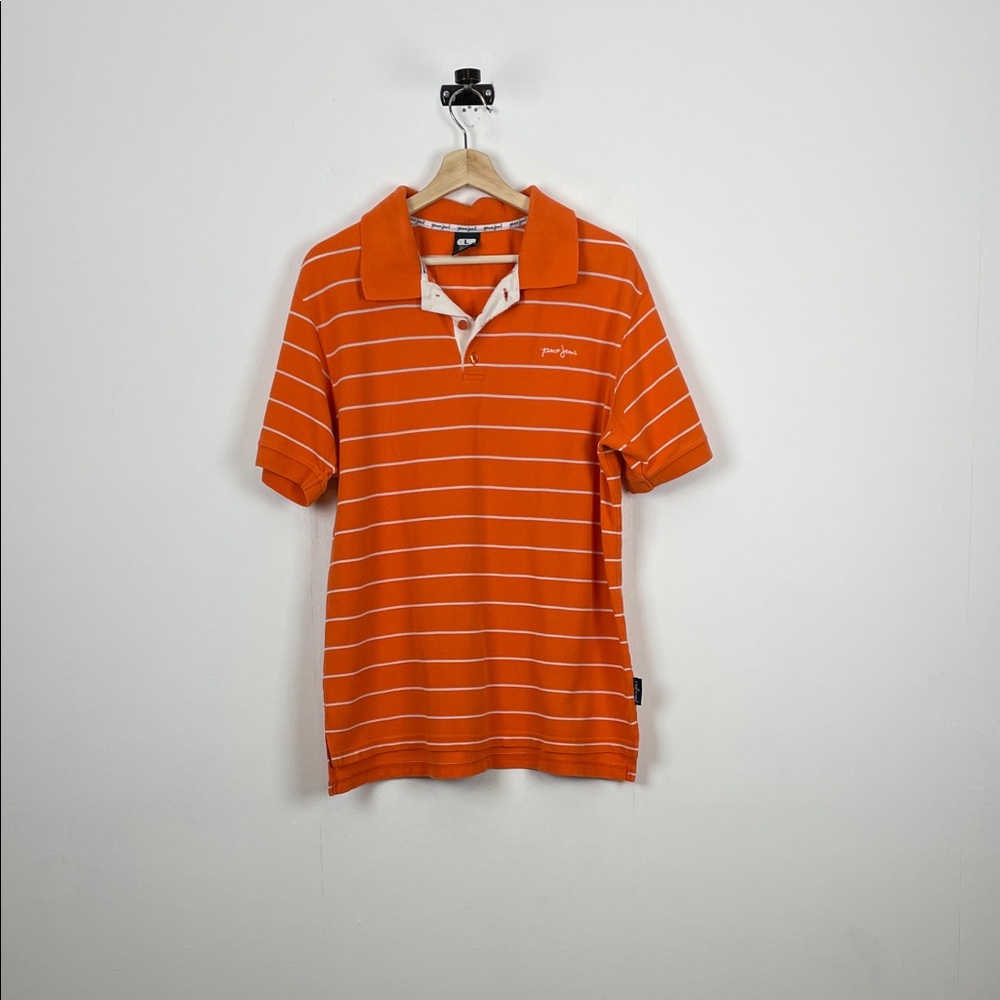 Paco Jeans Short Sleeve Collared Casual Orange White Striped Polo Shirt Men's L